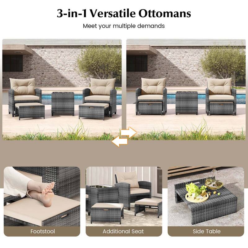 Costway 5 Piece Patio Rattan Furniture with 2 Ottomans & Tempered - See Details