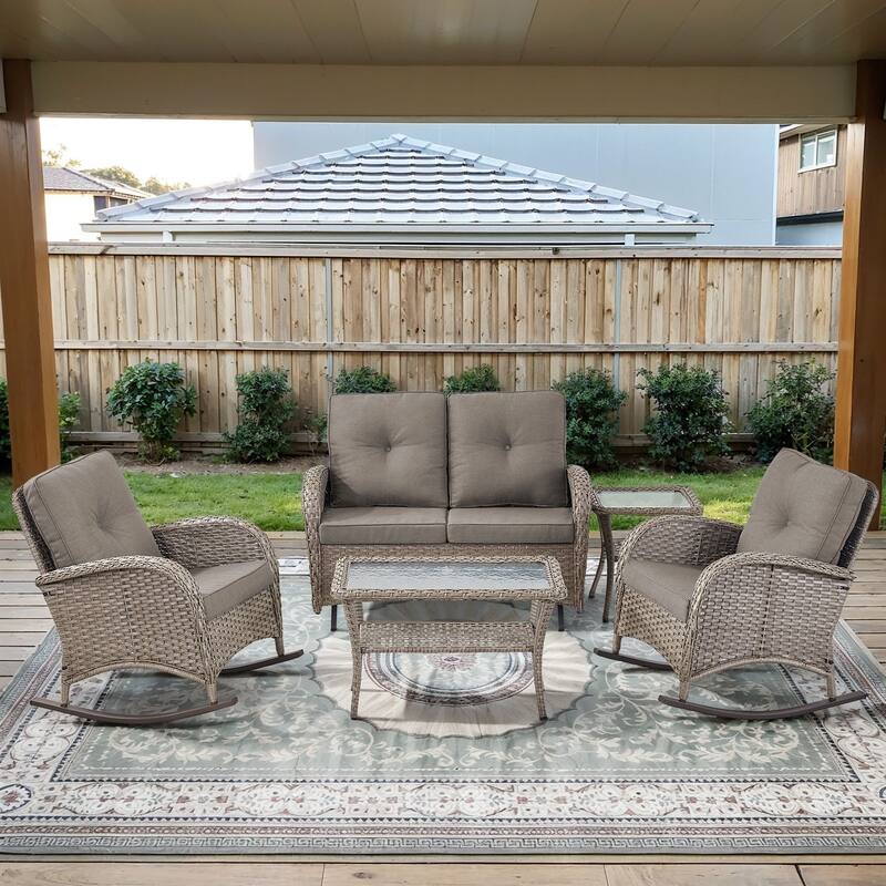 Gymojoy Outdoor Wicker Patio Furniture Loveseat Glider & Chair Set Weather-Resistant - Grey Wicker / Grey Cusion - 5-Piece - Loveseat Glider & Rocking Chairs