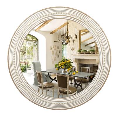 24" Rustic Round Wood Mirror, Distressed Decorative Mirrors for Wall,Farmhouse Circle Mirror Frame with Beads Hanging Mirror