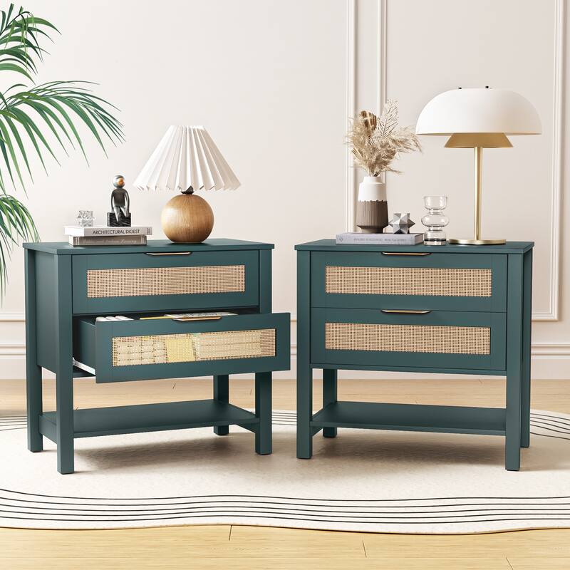 Rattan Nightstand with 2 Drawers and Storage Shelf Boho Bedside Narrow Side Table for Bedroom