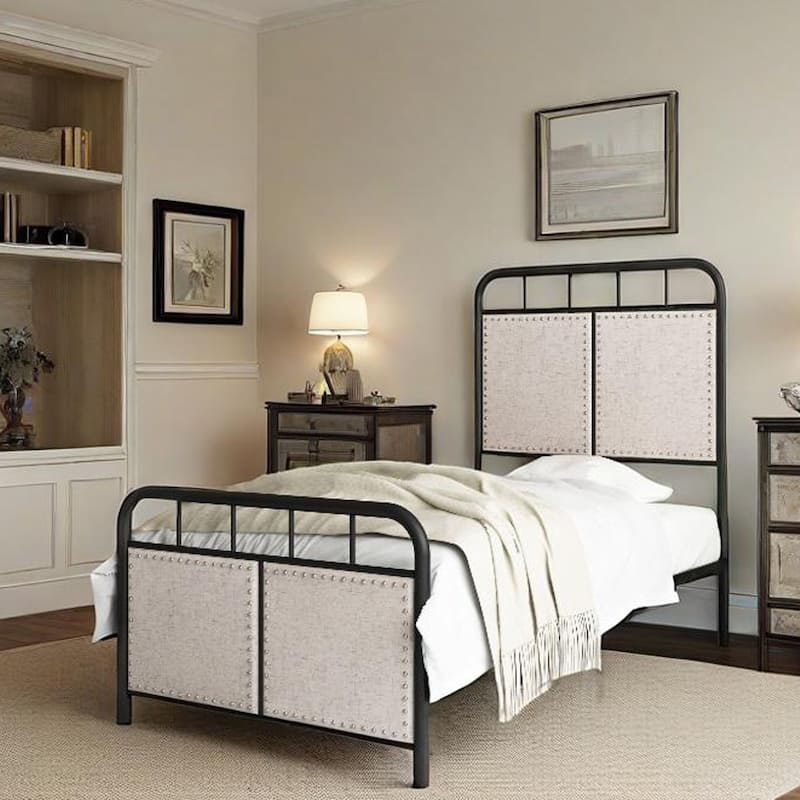 Twin Size Linen Upholstered Platform Metal Bed Frame with fabric Headboard and Footboard - Black