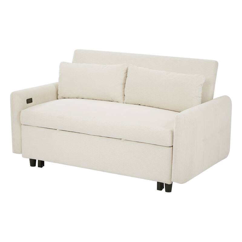 57.48" Corduroy Convertible Sofa Bed with Pull-Out Sleeper, Adjustable Backrest & USB