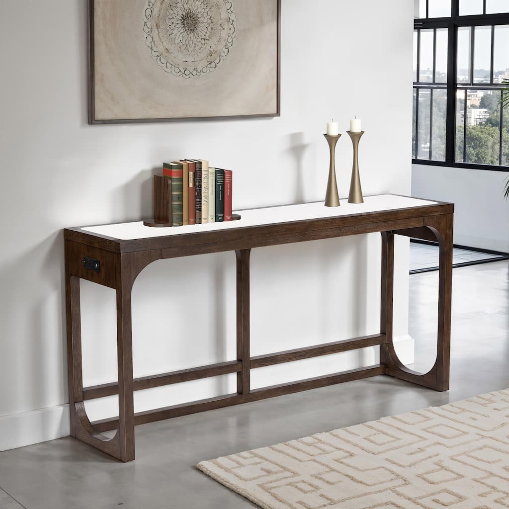 Furniture of America Laria Modern Quartz Stone Top Dark Walnut Sofa Table with USB Ports