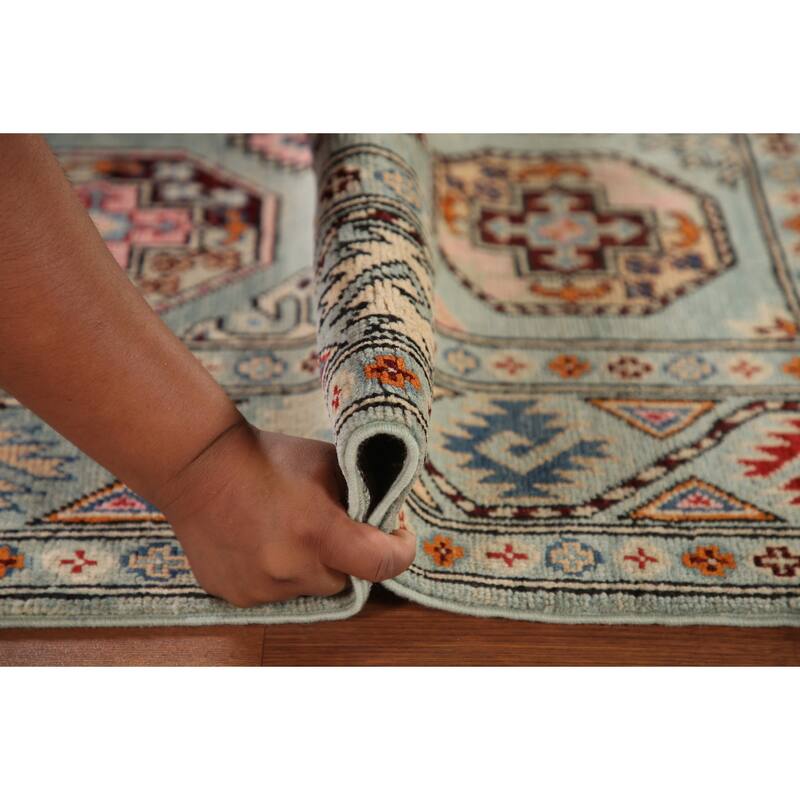 Geometric Kazak Rug Hand-Knotted Blue Wool Carpet - 3'3"x 4'11"
