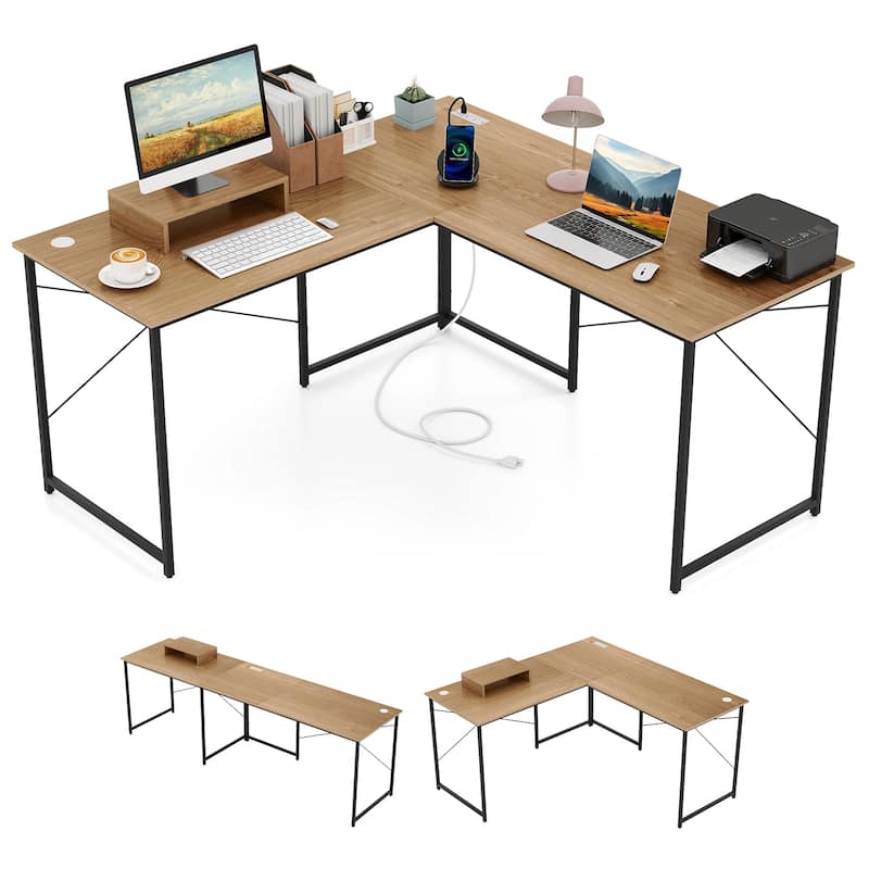 Gymax 95'' L-Shaped Reversible Computer Desk 2-Person Long Table - Natural