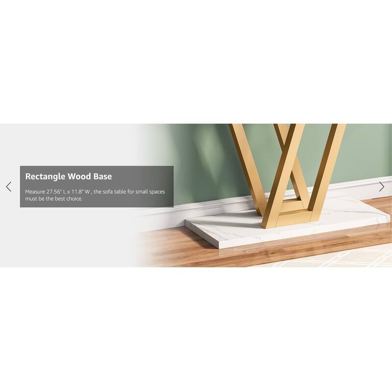 43"Modern Gold Console Table with Faux Marble Top, Narrow Entryway Table with V-Leg Metal Frame, Slim Sofa Table for Hallway