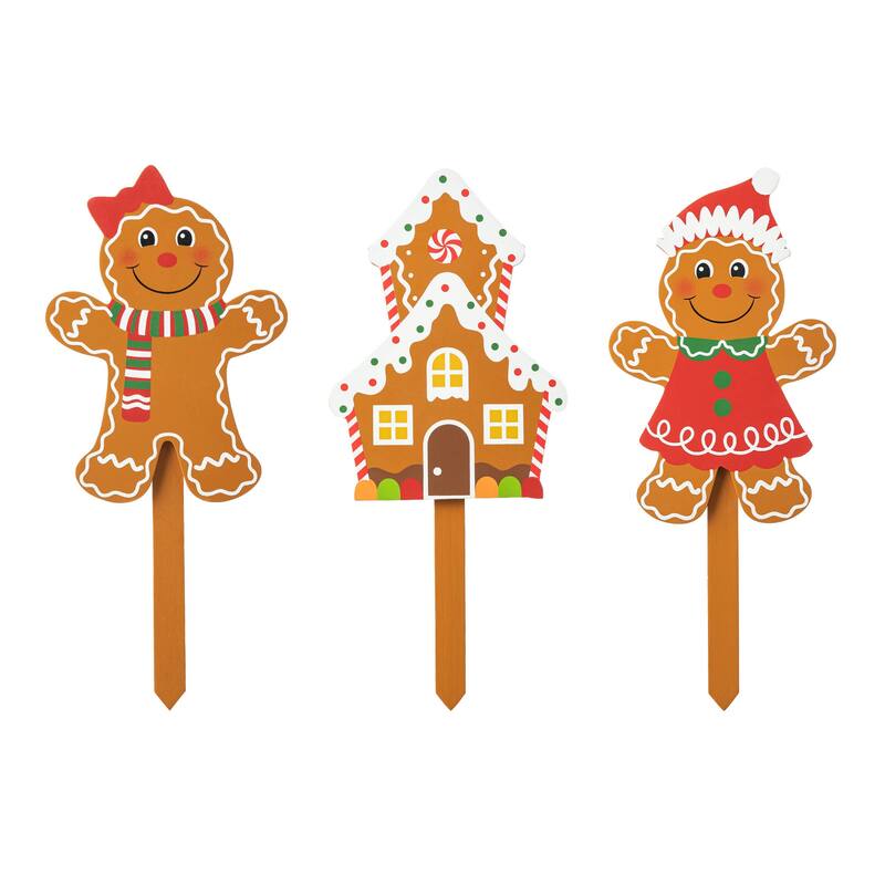 Glitzhome Set of 3 Christmas Wooden Gingerbread Man Yard Stake Garden Decorations