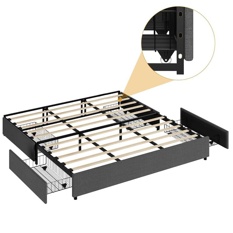 Platform Bed Frame, Fabric Upholstered with 4 Storage Drawers