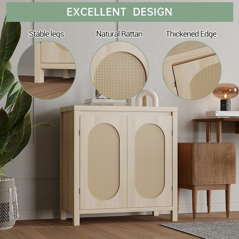 Rattan Storage Cabinet with PVC Woven Doors, Wooden Sideboard Buffet, with Adjustable Shelf, Multifunctional Cupboard