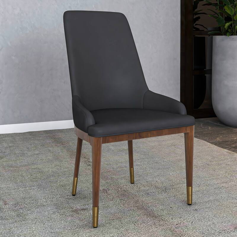 Dining Chair Upholstered in Leather with Rubberwood Frame Set of 2 Side Chair High Back and Gold Accent Legs