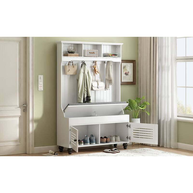 Roomfitters Hall Tree with Shutter Doors, Entryway Bench with Cushion, Hooks and Storage Organizer