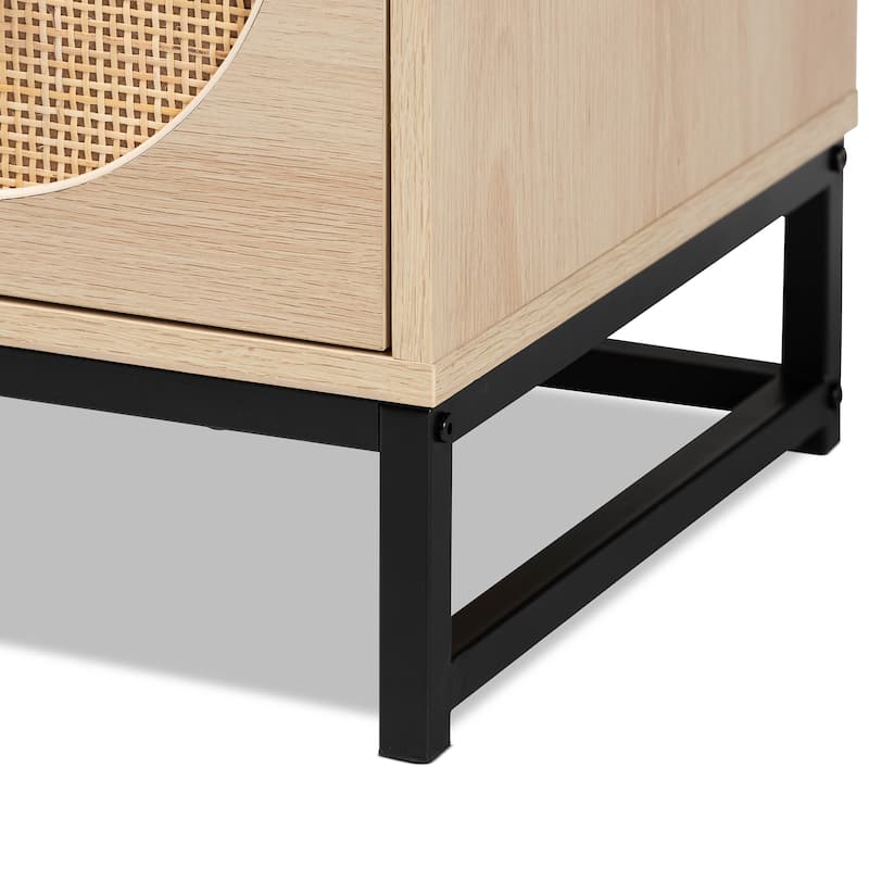Baxton Studio Ardon Bohemian Light Brown Finished Wood and Black Metal 2-Drawer End Table with Natural Rattan
