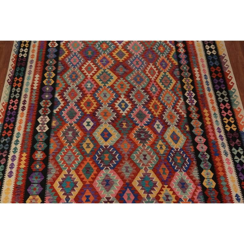All-Over Geometric Kilim Oriental Large Rug Flatweave Wool Carpet - 10'1"x 15'11"