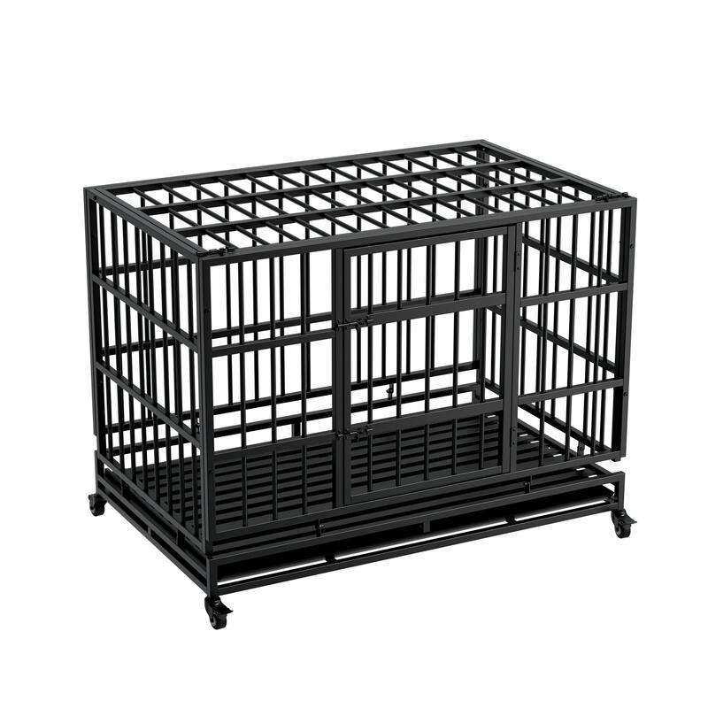 48 Inch Heavy Duty Indestructible Dog Crate with Wheels for Large and Medium Dogs, Cage with Removable Plastic Tray