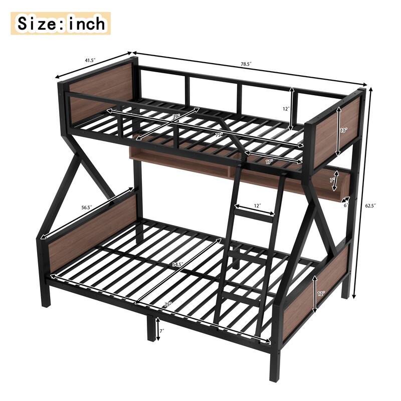Twin over Full Bunk Bed, Metal Bunk Bed with Storage Shelves and Lights, Space-saving & Noise-free Design, Black