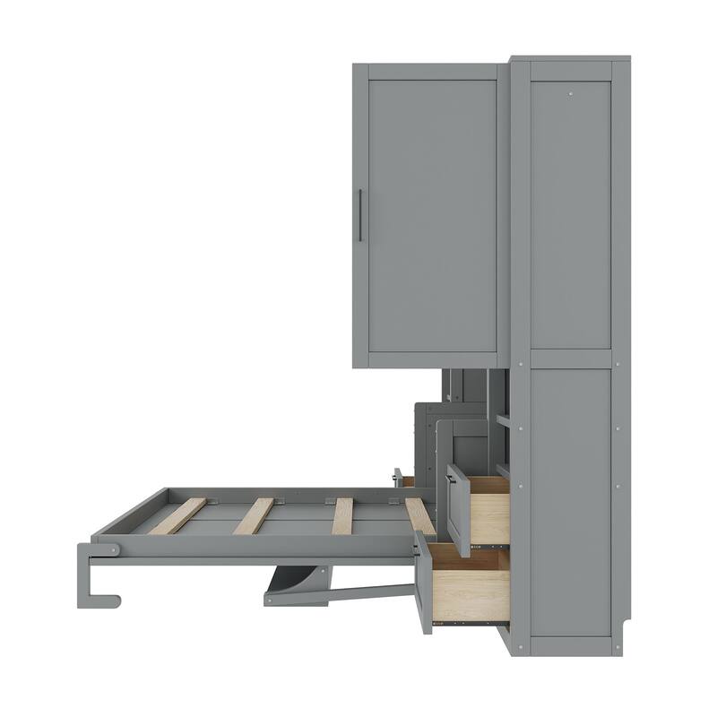 Foldable Bed Frame Wooden Murphy Bed Queen Size Wall Bed Cabinet with Wardrobe and Storage Drawers for Bedroom or Guest Room
