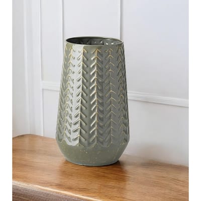 Modern 11-inch Green Abstract Cylinder Metal Table Vase for Living Room