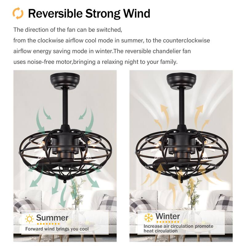 Cage Style Ceiling Fan Light with 3 Blades and Remote Control, Adjustable Fan Speed for Bedroom and Living Room