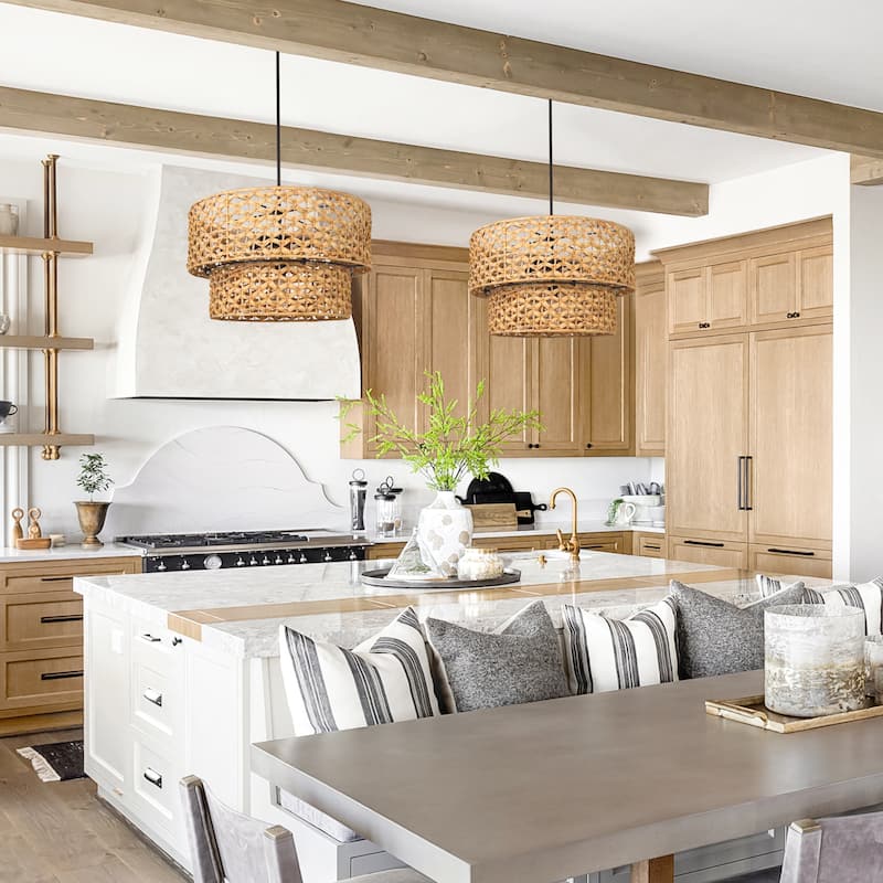 Ravy Farmhouse 6-Light Drum Rattan Chandelier Coastal Natural Pendant Light for Kitchen Dining Room - Dia. 26" x H 15.7"