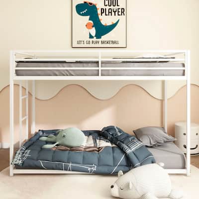 Twin over Twin Metal Bunk Bed Frame, Low Profile Twin Size Bunk Bed with Ladder and Guardrails, Heavy Duty Metal Tube Frame