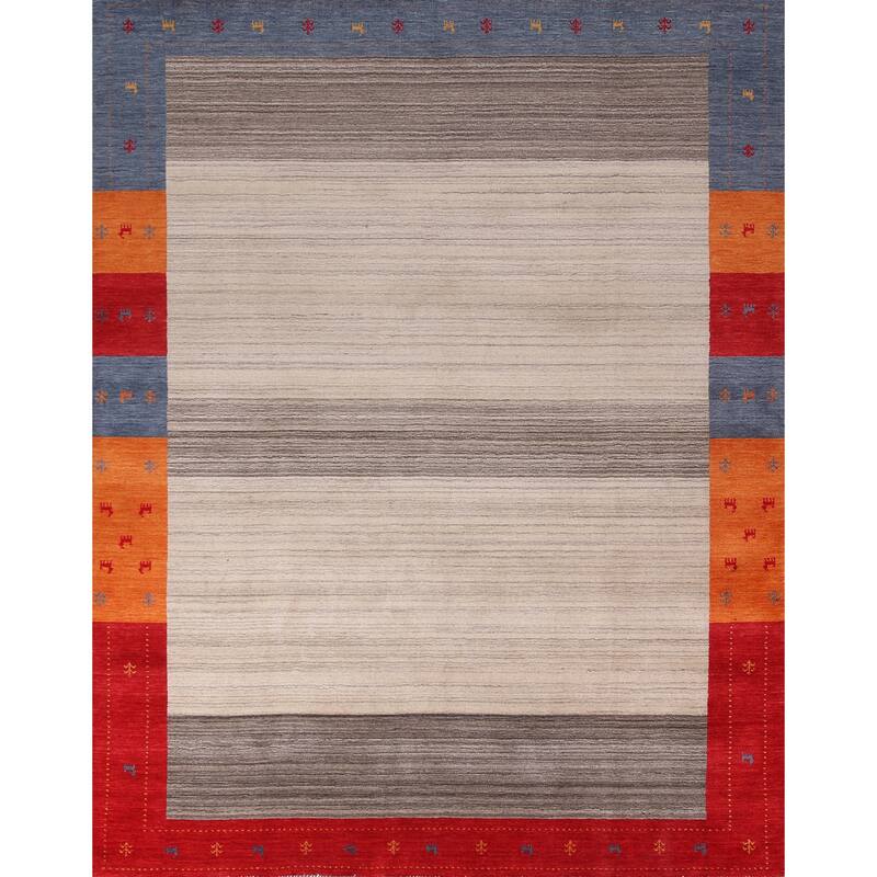 Striped Gabbeh Indian Area Rug Hand-Knotted Wool Carpet - 8'2" x 9'7"