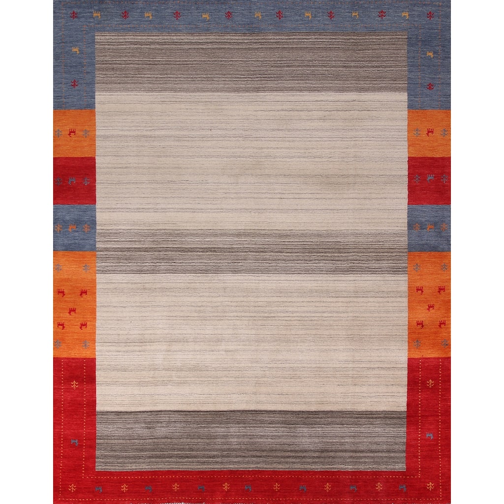 Striped Gabbeh Indian Area Rug Hand-Knotted Wool Carpet - 8'2" x 9'7"