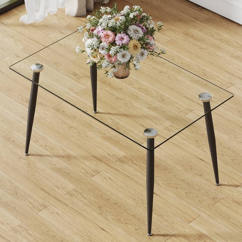 Modern Rectangular Glass Dining Table, Suitable For 4-6 People, Equipped With Tempered Glass Tabletop And Metal Legs