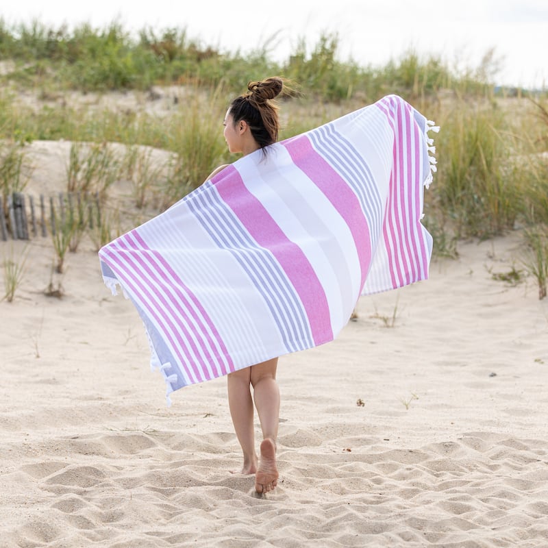 Superior Roxy Stripe Fouta Beach Towel with Tassels - 35" x 68" - Fuschia