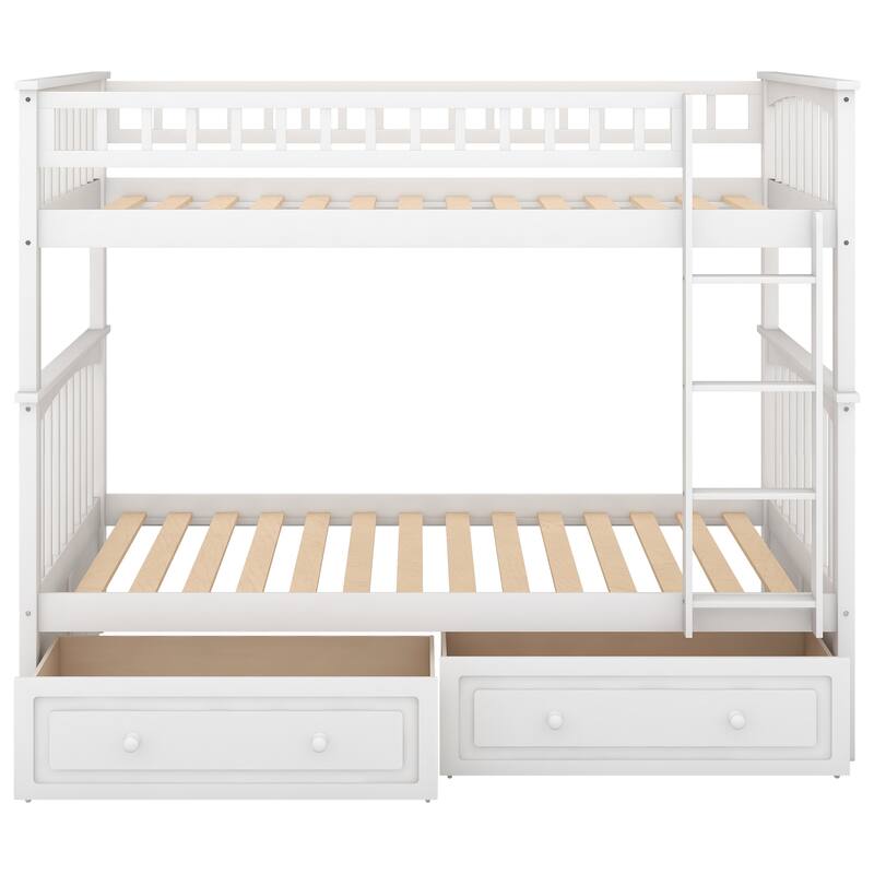 Twin Over Twin Bunk Bed with Drawers & Ladder, Soild Wood Bunkbed Frame