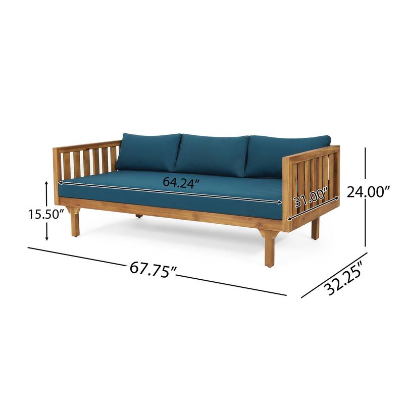 Clara Outdoor 3 Seater Daybed Sofa, Slatted Teak Wood, Blue Fabric