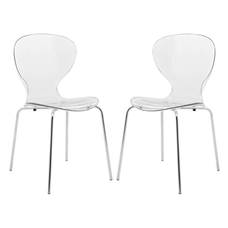 Oyster Modern Stackable Plastic Dining Chair with Curved Backrest and Accent Chrome Legs for Kitchen or Café Use Set of 2 - Clear