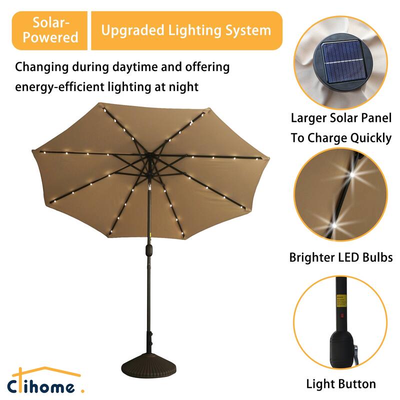 Clihome 9-Ft Outdoor 32 LED Solar Market Umbrella with Tilt & Crank