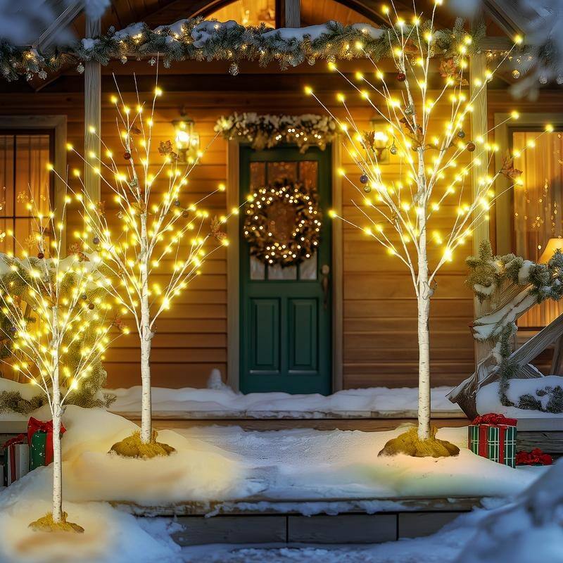 Grondin 3 Pieces Pre-Lit Christmas Lighted Artificial Birch Tree, 4FT 5FT 6FT White Lighted Birch Tree Set of 3