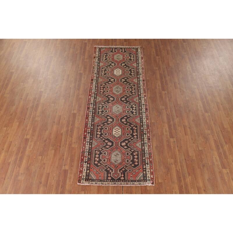 Geometric Orange Hamedan Vintage Runner Rug Handmade Wool Carpet - 3'6" x 10'1"