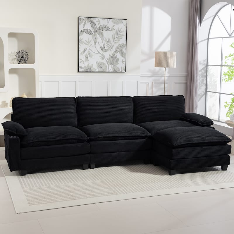 113" L Shaped Sectional Sofa, Deep Seat Cloud Couch with Ottoman, Oversized Corduroy Couch with Cup Holders, Storage Bags