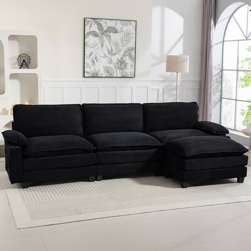 L-Shaped Modular Sectional Sofa with Ottoman, Oversized Corduroy Upholstered Cloud Couch with Cup Holders & Side Pockets