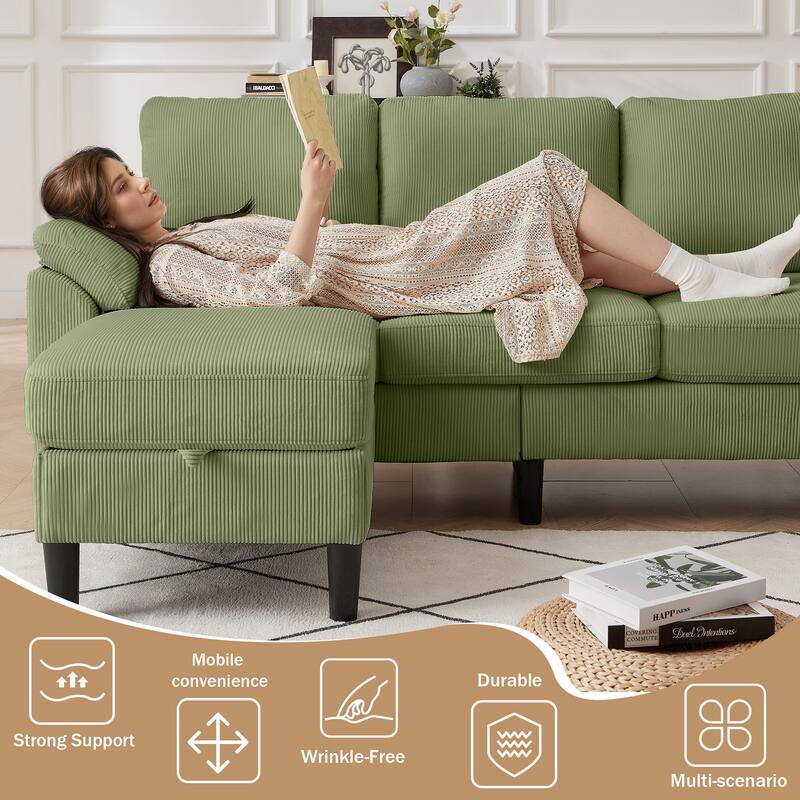 79.72" Corduroy 3 Pieces Living Room Sets Including Sectional Sofa with Storage Ottoman & Side Pockets & Armchair Set