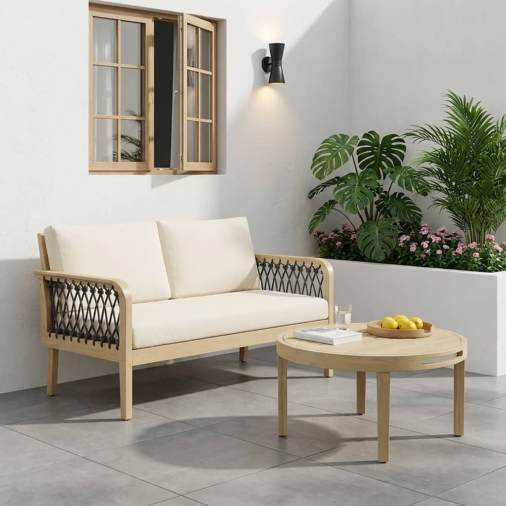 Christopher Knight Home - Outdoor 2-Piece Acacia Wood Loveseat and Slatted Top Coffee Table Set with Handwoven Rope & Cushions
