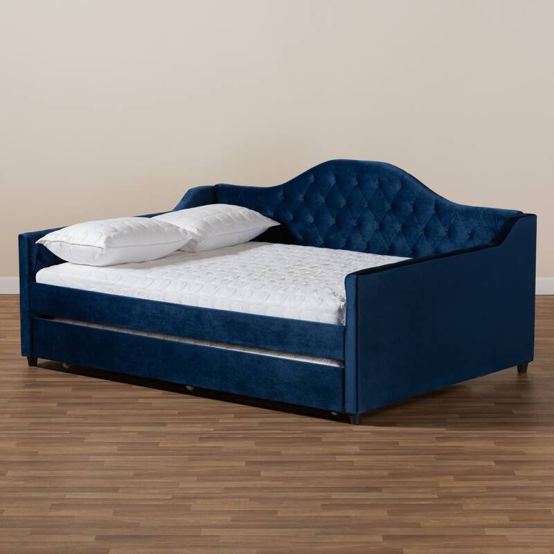 Full Size Daybed with Trundle - Navy Blue Velvet Upholstered Modern Design - Space Saving Furniture