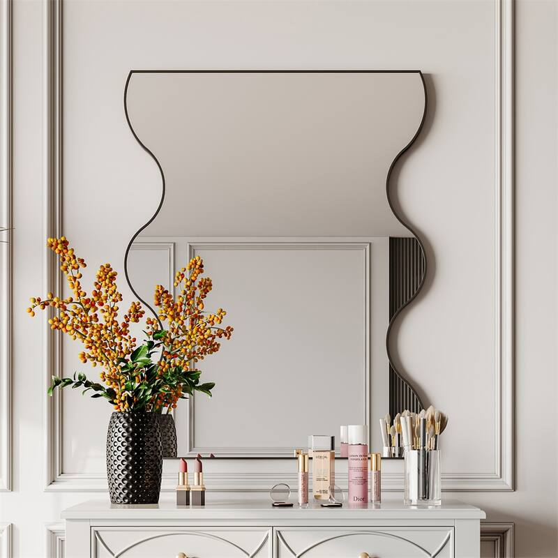 Black Rectangular Wall Mirror with 2 Wavy Sides Metal Framed