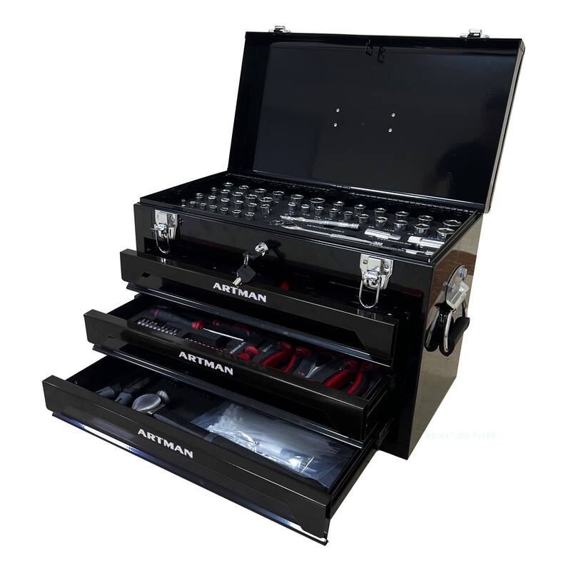3-Drawer Tool Cart with Wheels & Brakes, Multifunctional Rolling Tool Cabinet, Heavy Duty Steel Garage Organizer - Black