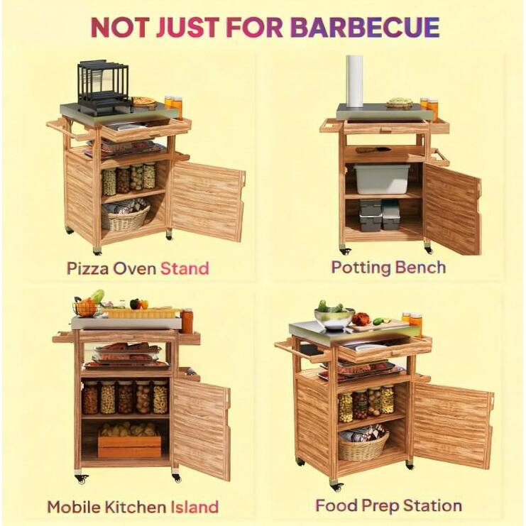 GDFStudio Outdoor Lysandros Fir-Wood Grill Cart with Stainless Steel Top and Organized Storage