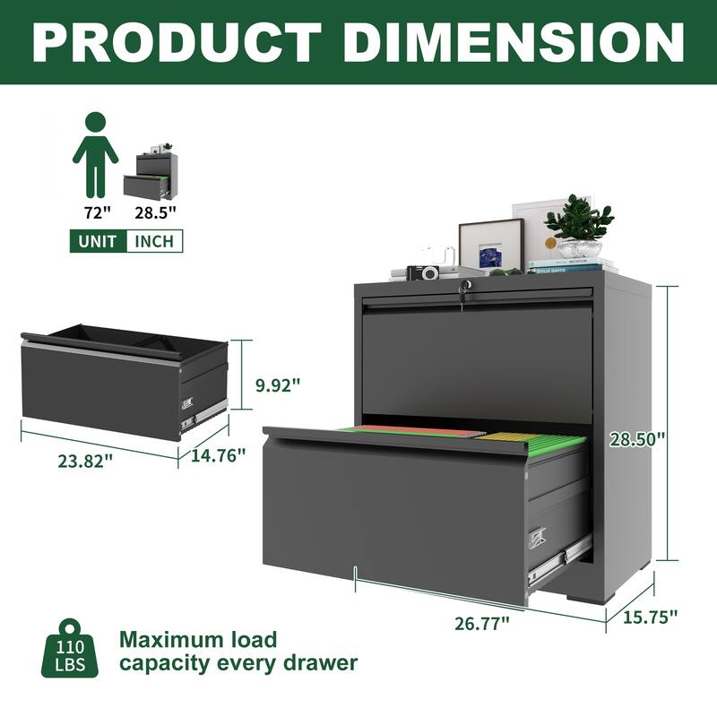 Steel Wide Horizontal Filing Cabinets for Letter/Legal/A4/F4 Hanging Files - Black