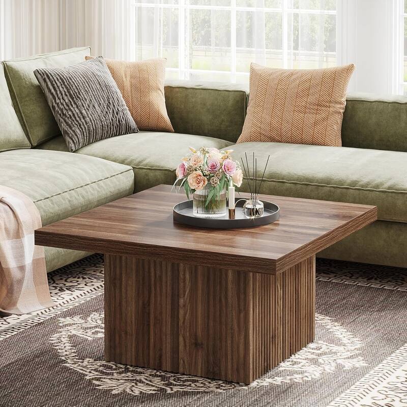 31.5 Brown Wood Square Coffee Table, Large Fluted Coffee Table for Living Room - Brown