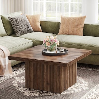 31.5 Brown Wood Square Coffee Table, Large Fluted Coffee Table for Living Room