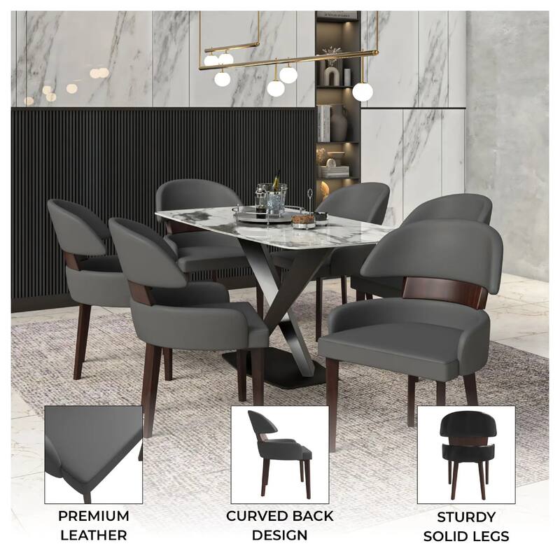 Ethos Leather Dining Chair with Rubberwood Legs Curved Back Accent Chair for Kitchen and Dining Room Set of 2