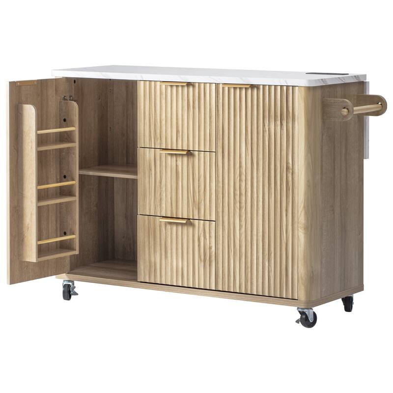 55.5" Storage Power Outlet Kitchen Island with Drop Leaf and 3 Drawers