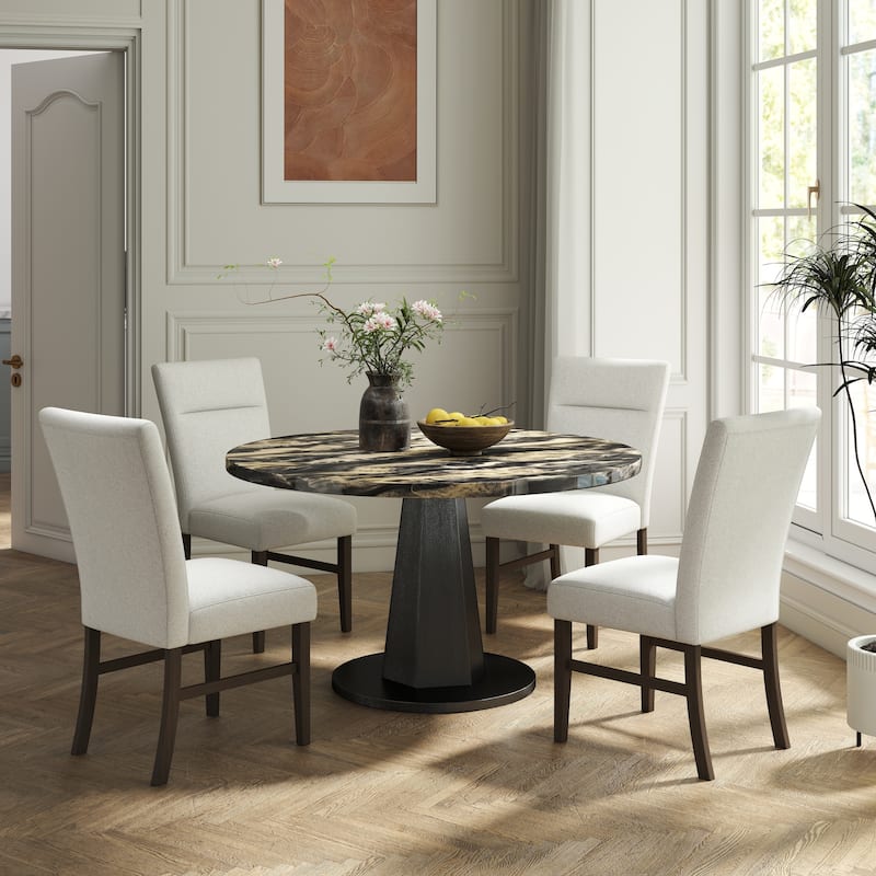 Roundhill Furniture Cavira 5-Piece Modern Dining Set, Round Faux Marble Dining Table with Four Chairs