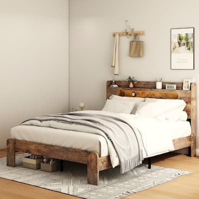 Wood Platform Bed Frame with Storage LED Light Headboard and 2 USB