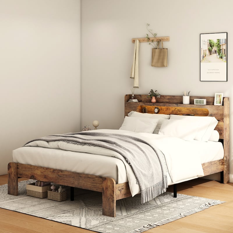 Wood Bed, Low Profile Platform Bed Frame with Storage Headboard Built-in LED Light and Charging Station - Dark Brown Wood Slats - King